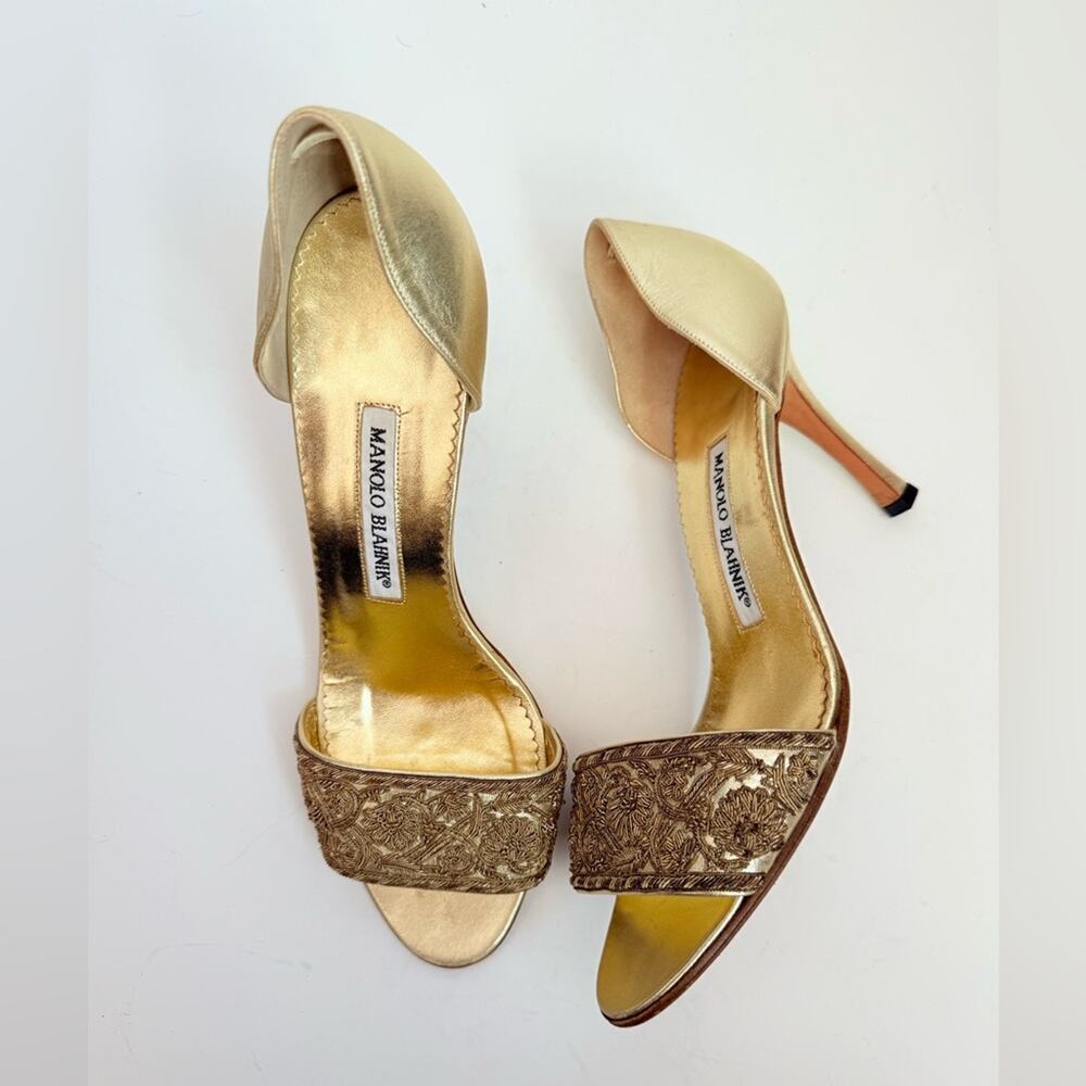Manolo Blahnik Vintage Gold Floral embroidered open toe D’orsay Sandals EU 37.5